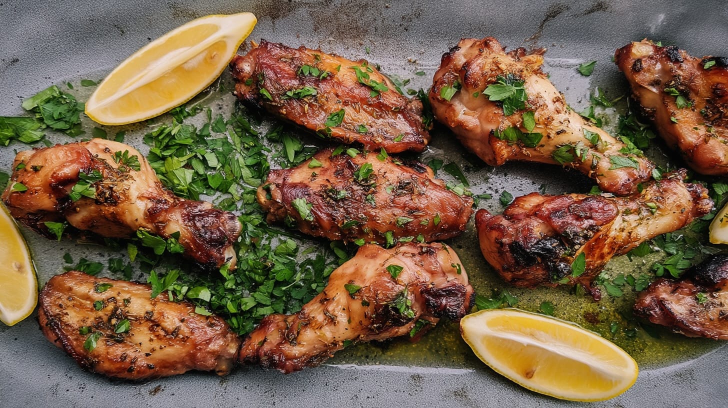 Grilled chicken wings garnished with herbs and lemon wedges on a grey platter