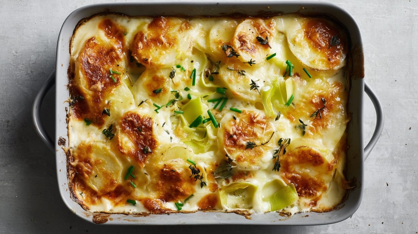 Baked potato gratin with layers of potatoes, leeks, and a golden cheese crust on top.