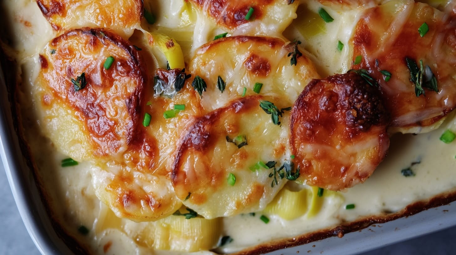 Baked potato gratin with layers of potatoes, leeks, and melted cheese on top