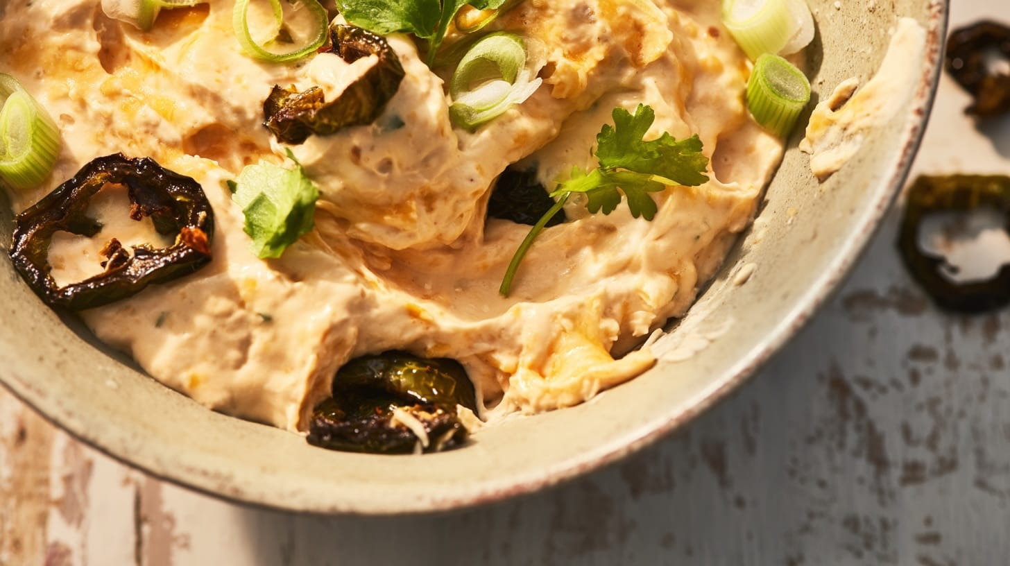Creamy dip with roasted jalapeños, cheddar cheese, and green onions in a bowl.
