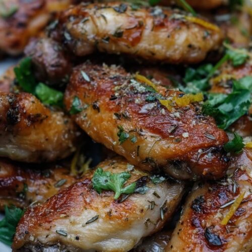 Golden-brown chicken wings garnished with herbs and lemon zest on a grey plate