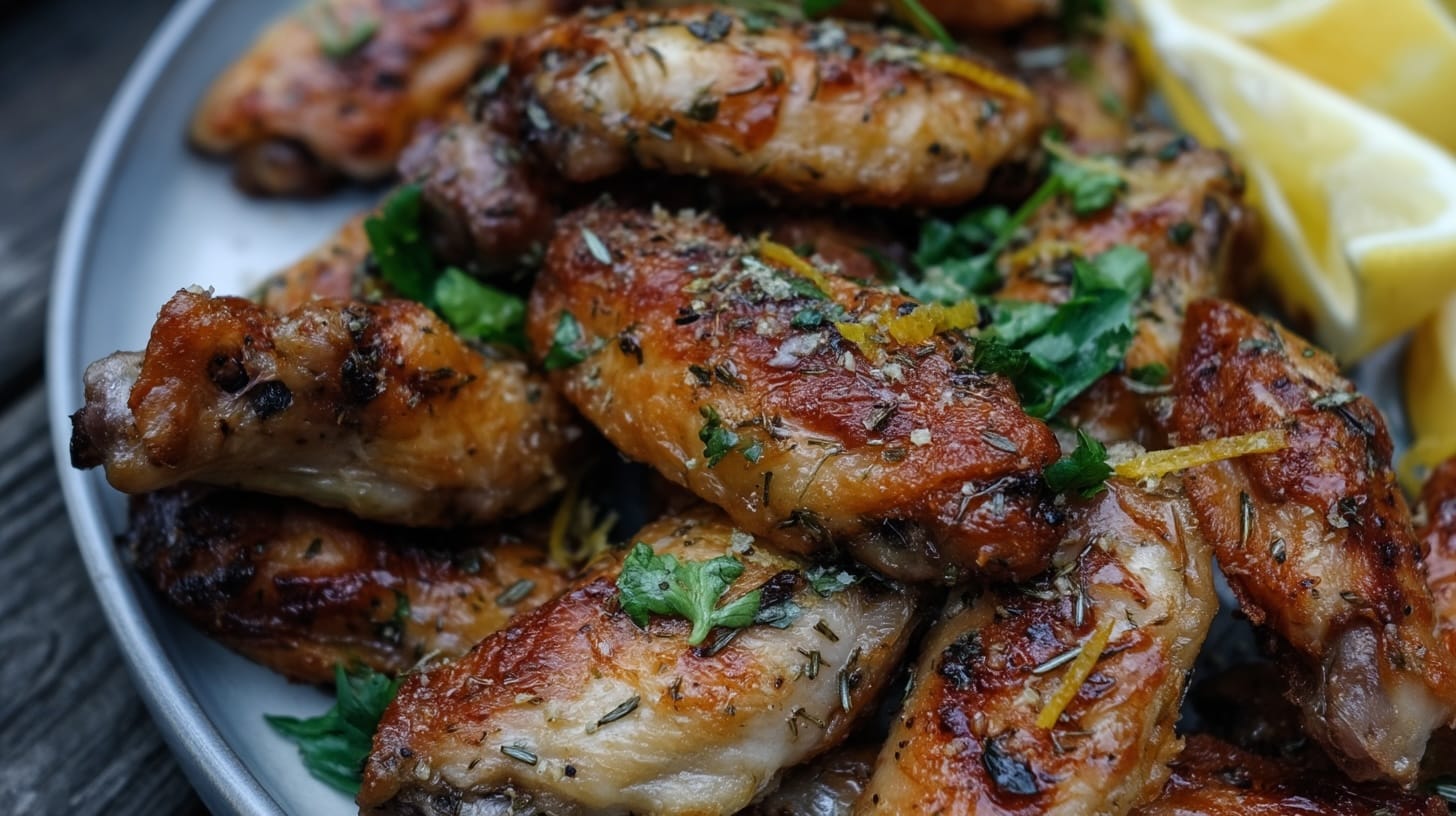 Golden-brown chicken wings garnished with herbs and lemon zest on a grey plate