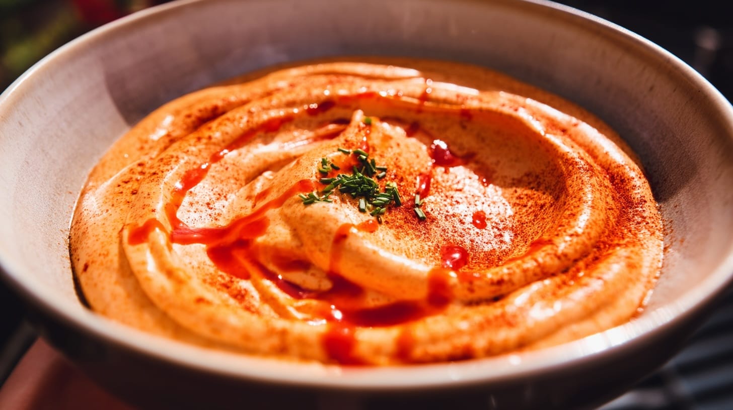 A creamy dip with a swirl of smoked paprika and Sriracha sauce, garnished with herbs.