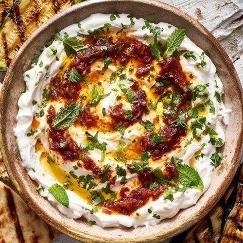 A bowl of smoked tomato harissa yogurt dip garnished with herbs and olive oil, surrounded by grilled vegetables and flatbread.