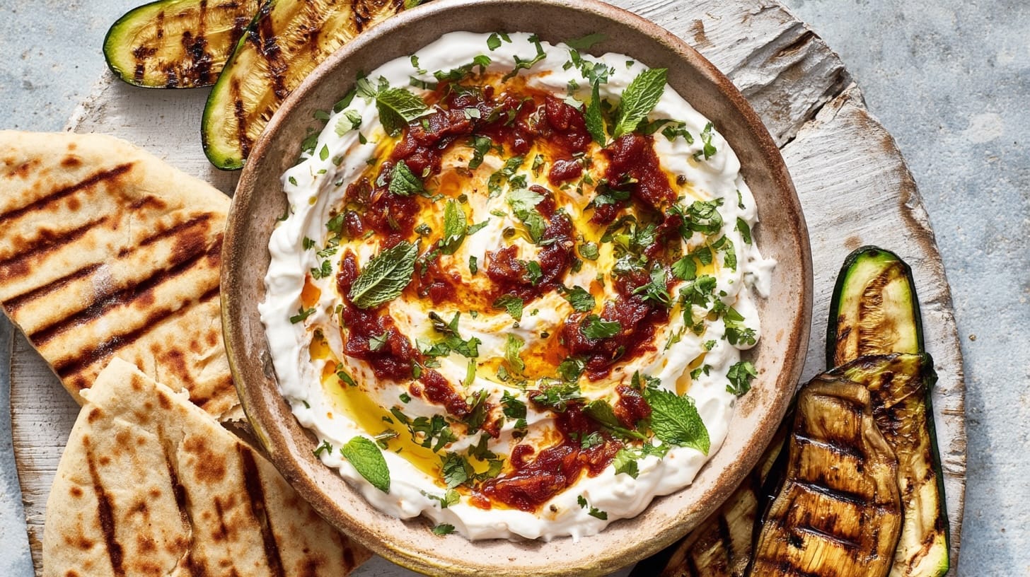 A bowl of smoked tomato harissa yogurt dip garnished with herbs and olive oil, surrounded by grilled vegetables and flatbread.