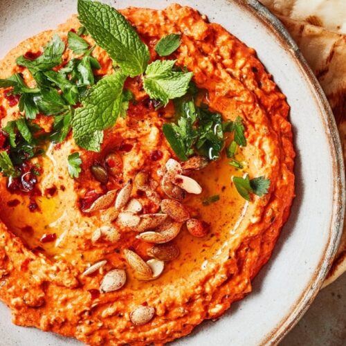 A creamy dip made from roasted red peppers and feta cheese, garnished with herbs and nuts.
