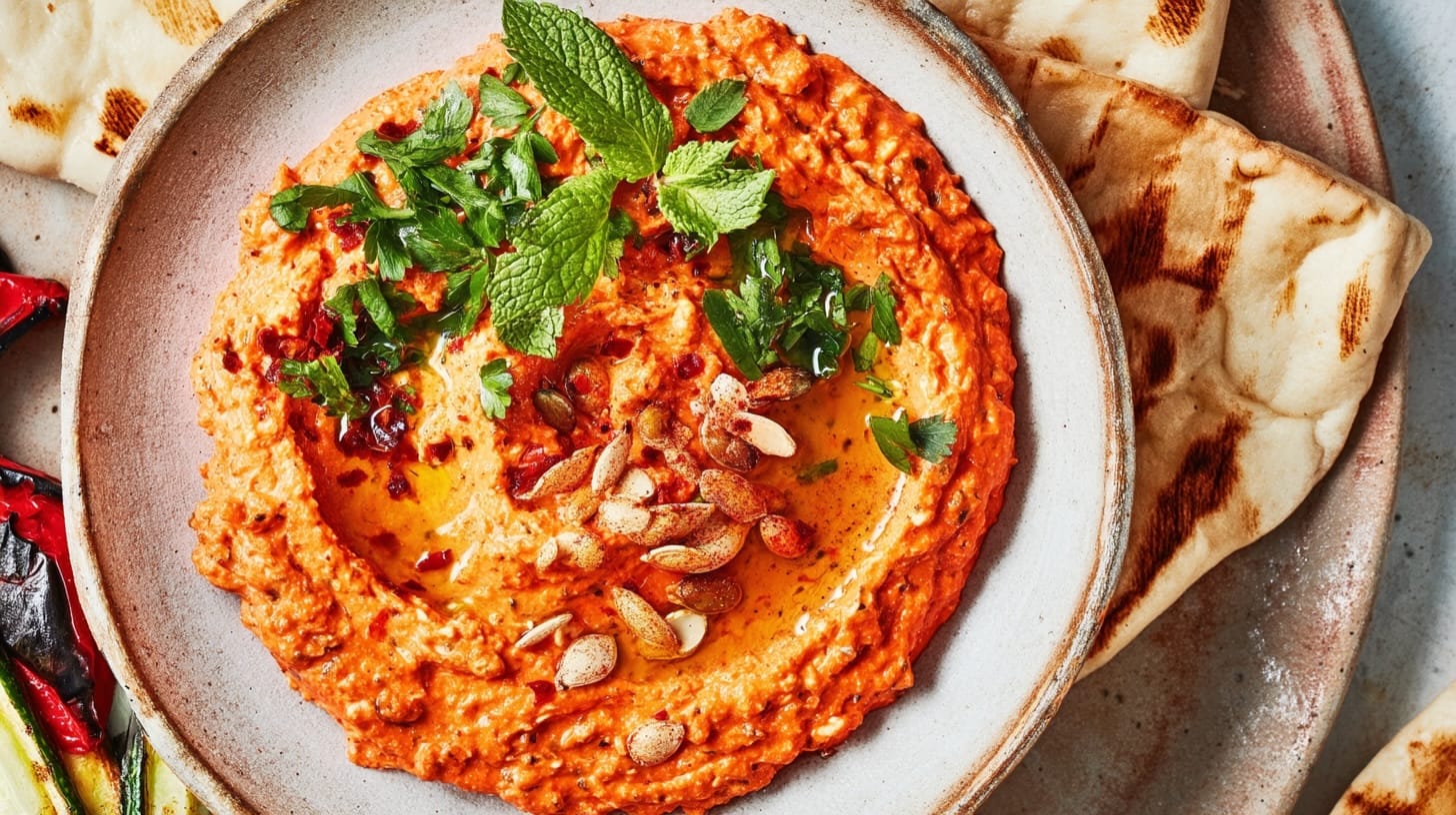 A creamy dip made from roasted red peppers and feta cheese, garnished with herbs and nuts.