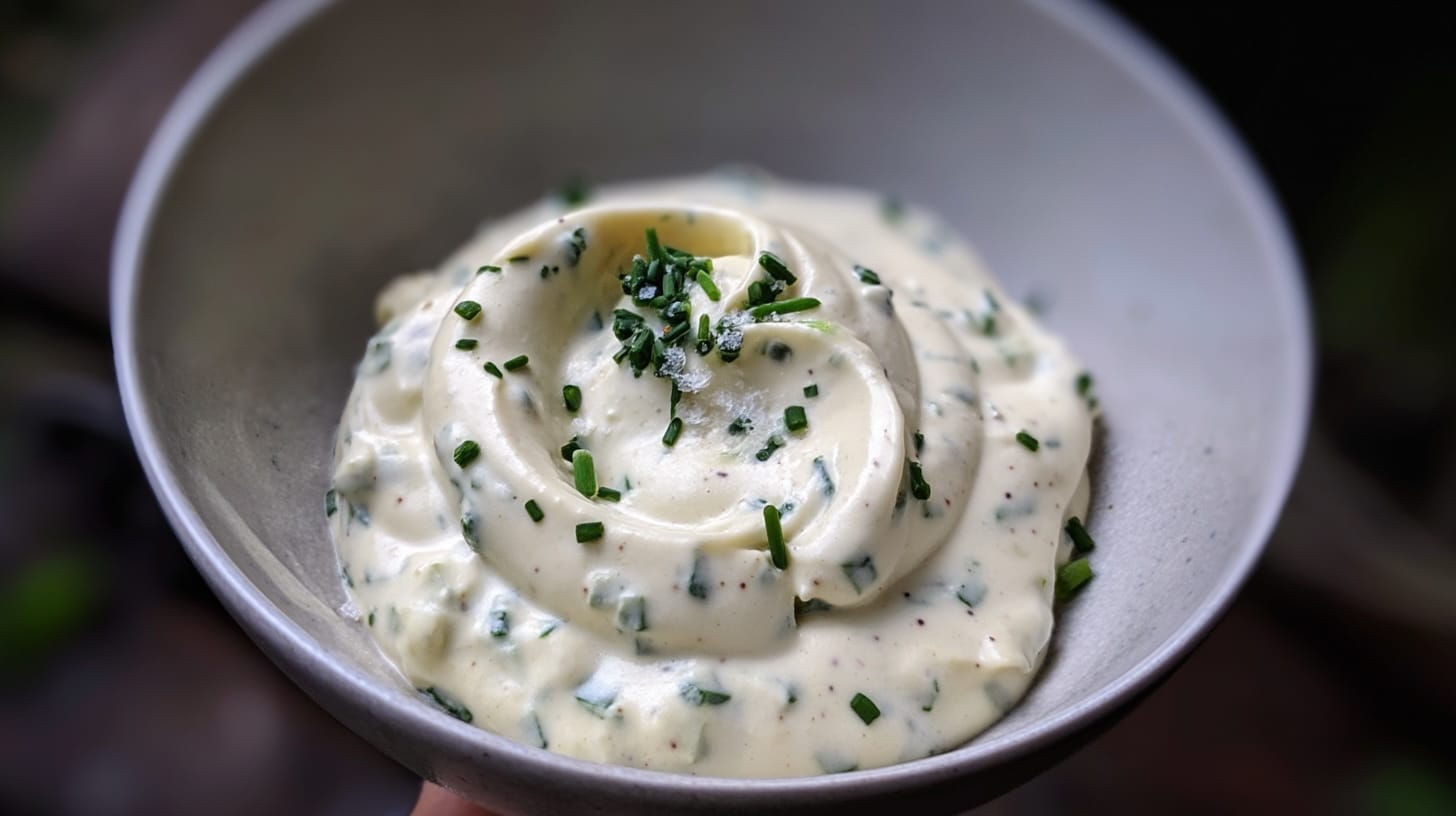 A creamy dip with a smooth texture, garnished with chopped chives in a bowl.