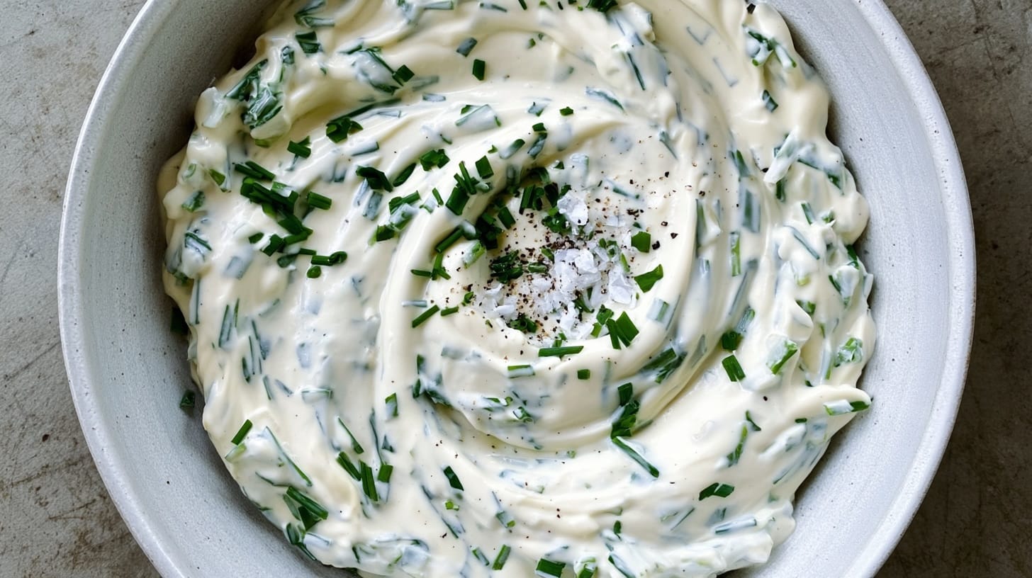 A creamy dip with a smooth texture, garnished with chopped chives and black pepper.