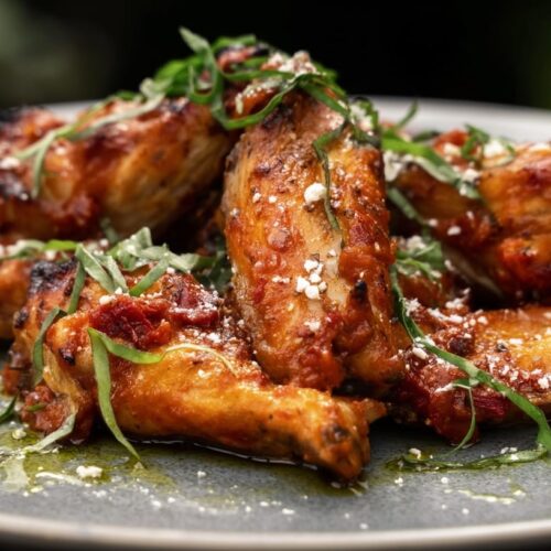 Plate of chicken wings topped with sundried tomatoes, red pepper, and fresh basil leaves