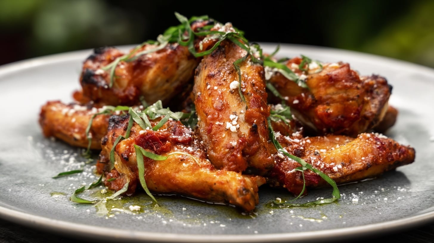 Plate of chicken wings topped with sundried tomatoes, red pepper, and fresh basil leaves