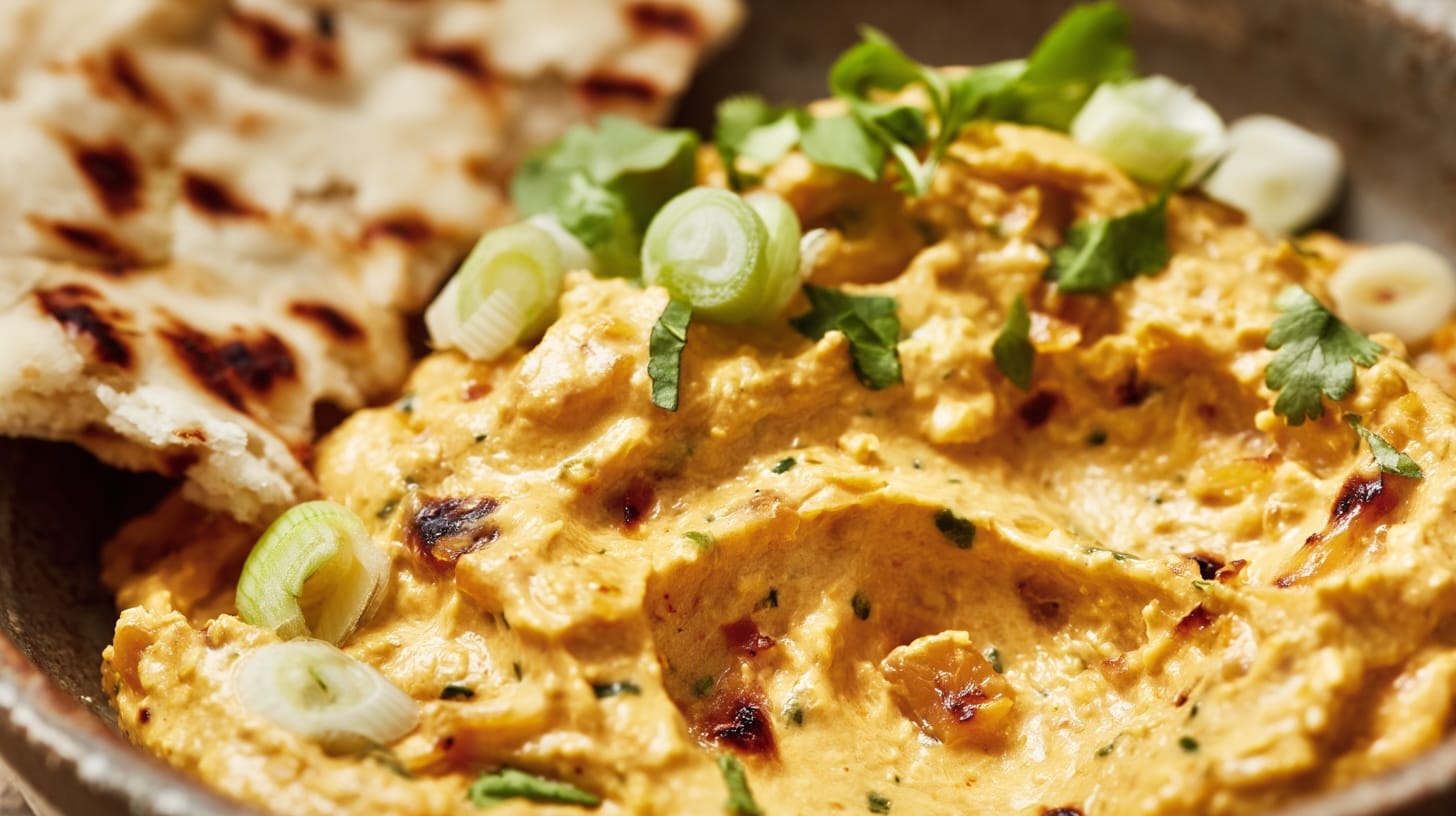 A bowl of creamy dip with charred pineapple, herbs, and green onions, served with flatbread.