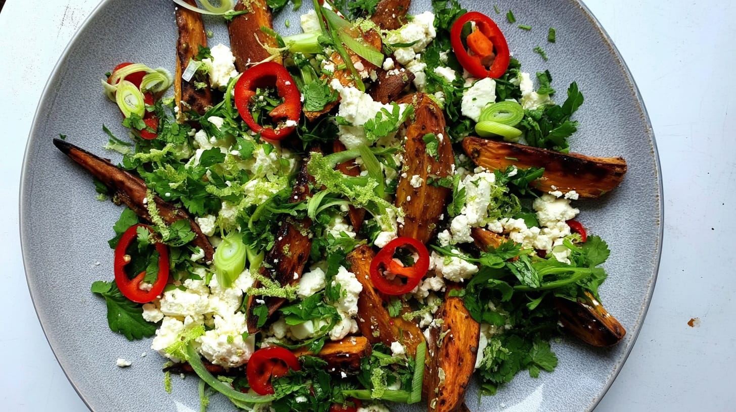Roasted sweet potato wedges topped with feta cheese, chili, lime, and fresh coriander on a plate.