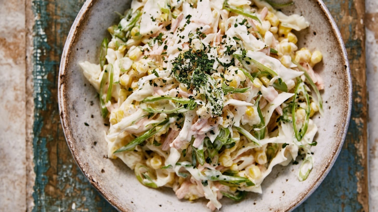 A bowl of coleslaw salad with sweetcorn, scallions, and creamy dressing topped with herbs.