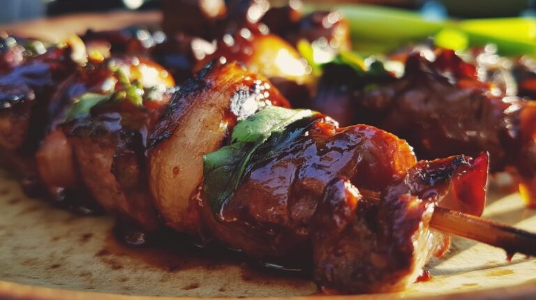 Grilled beef skewers glazed with a dark sauce, garnished with green herbs and shallots.