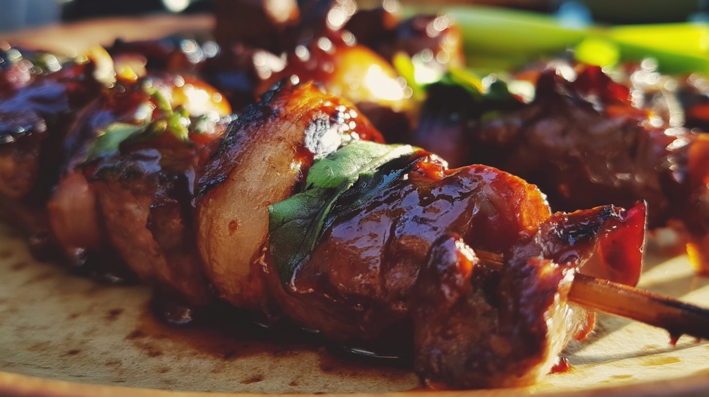 Grilled beef skewers glazed with a dark sauce, garnished with green herbs and shallots.