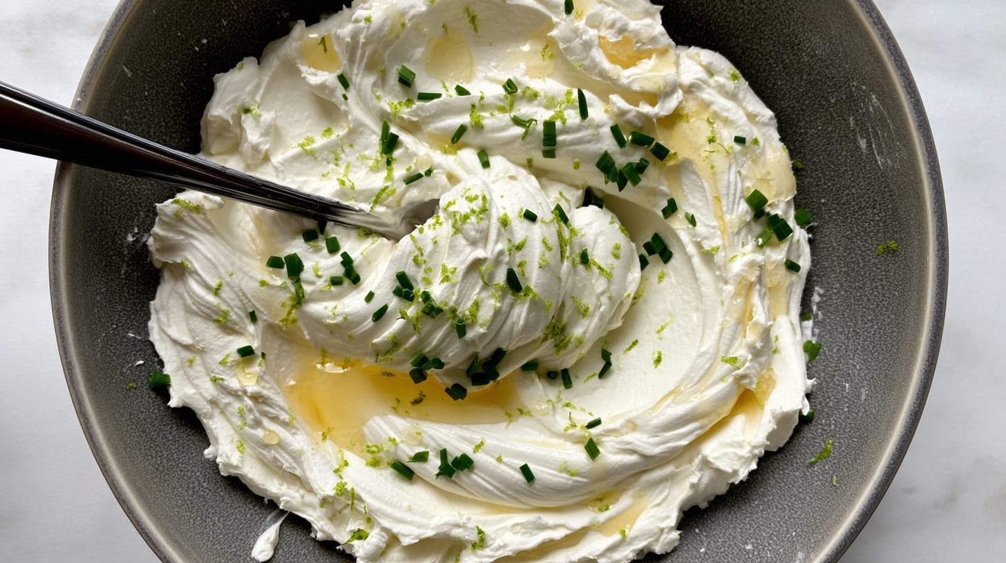 A creamy dip made from whipped feta, drizzled with honey and garnished with lime zest and chives.