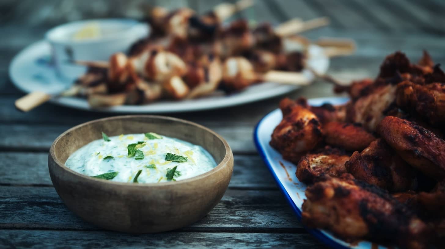 A wooden bowl of creamy dip garnished with herbs, surrounded by grilled meat skewers and chicken wings.