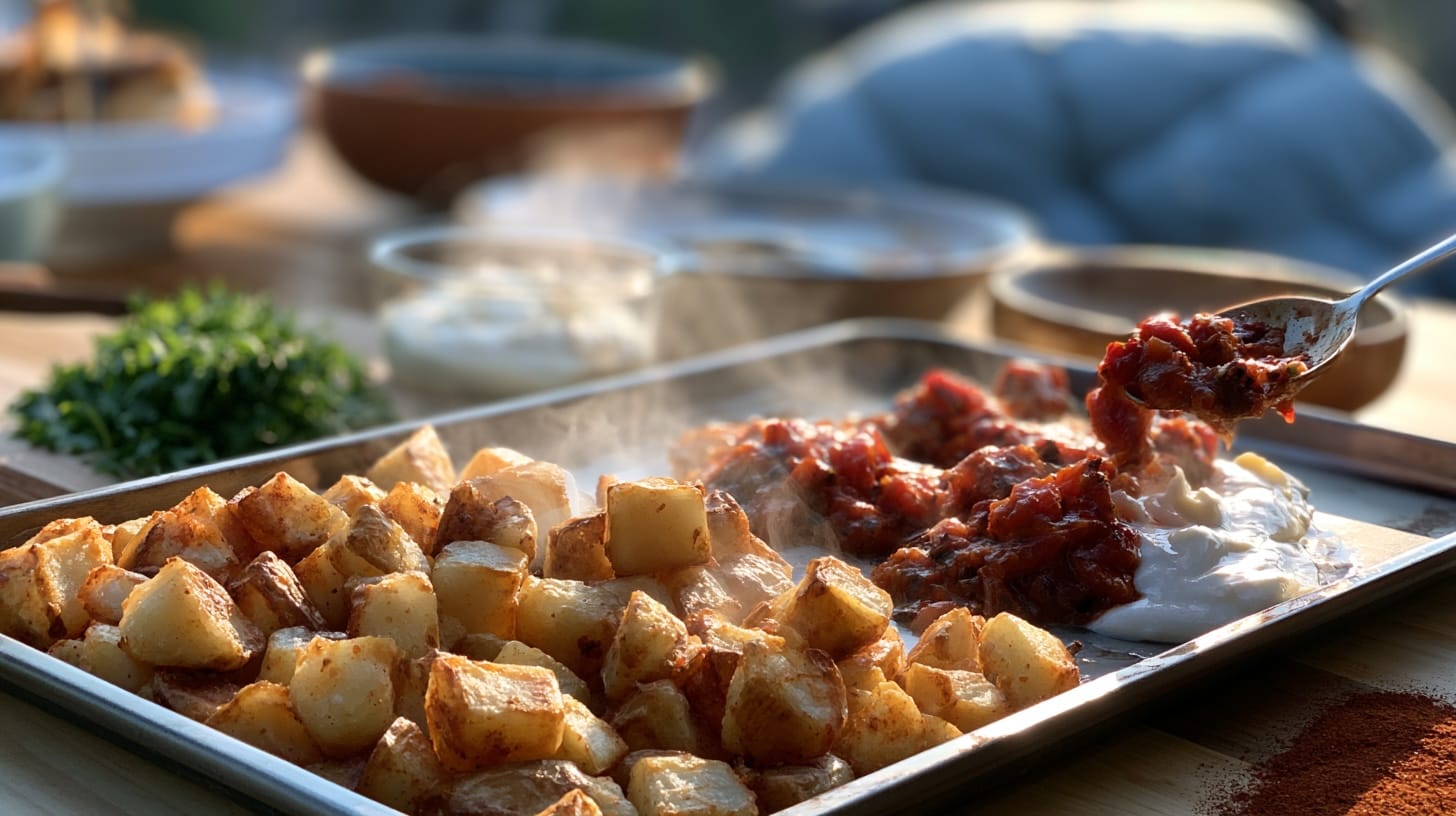 A tray of golden roasted potatoes with a steaming red sauce and creamy dip on the side.