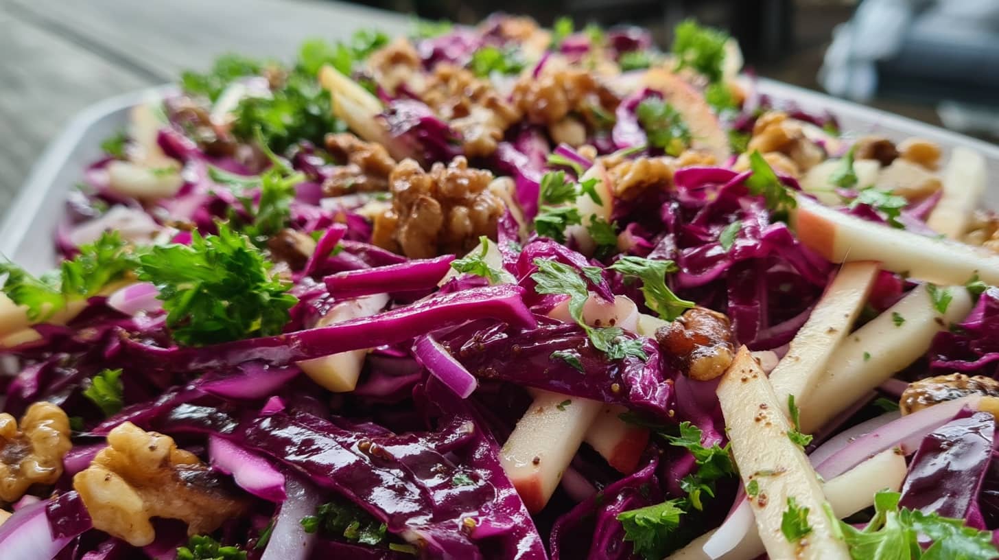 A vibrant salad featuring red cabbage, apple slices, walnuts, and fresh parsley on a wooden surface.