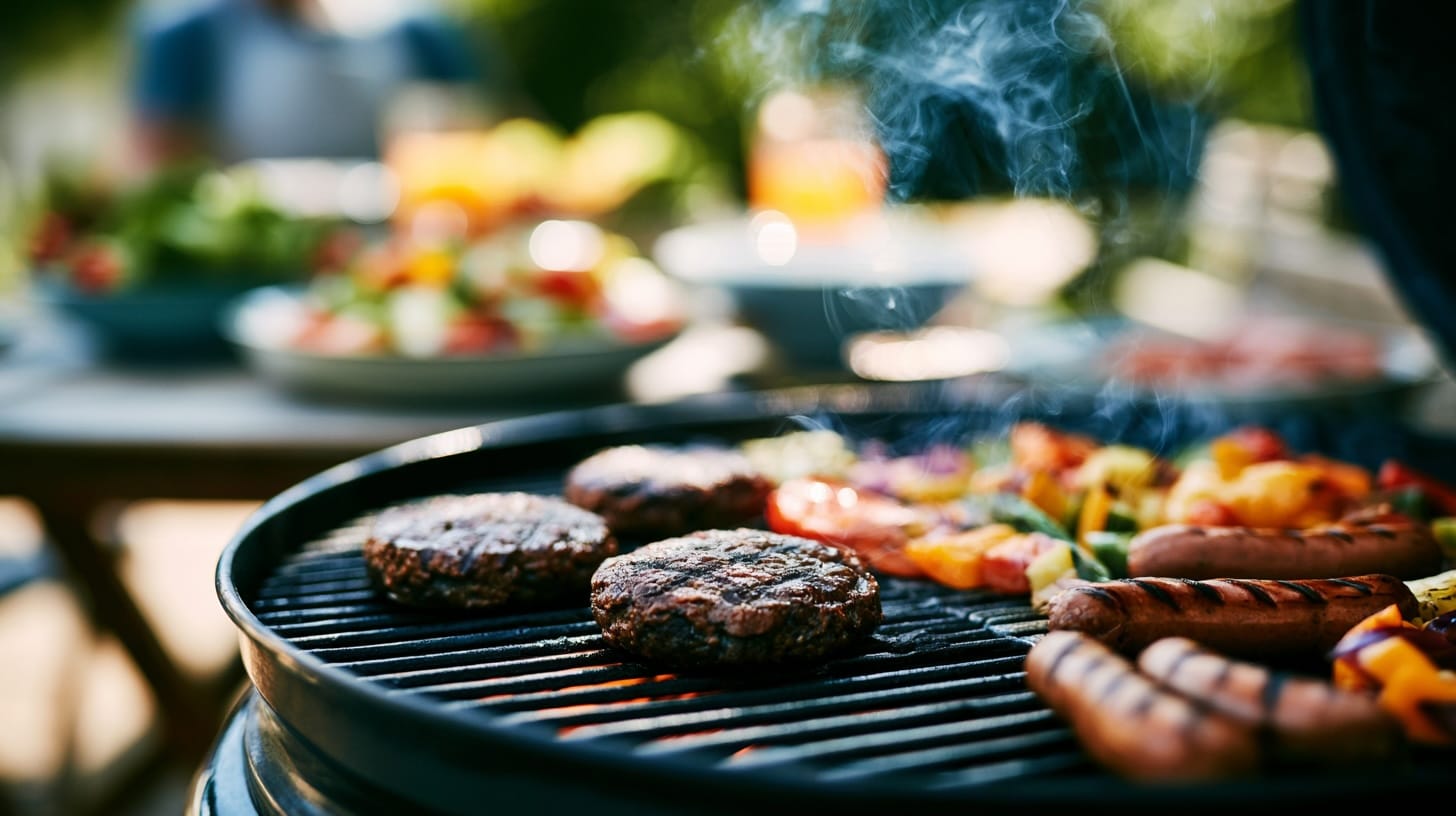Grilling burgers, sausages, and vegetables on a barbecue with smoke rising in the background
