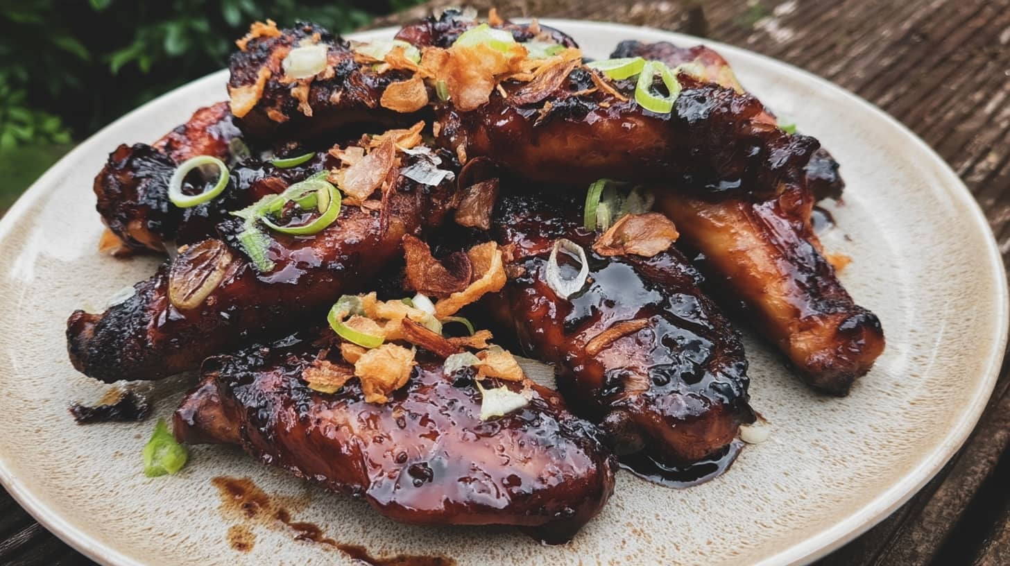 A plate of chicken wings coated in a glossy black garlic soy treacle glaze, garnished with shallots.