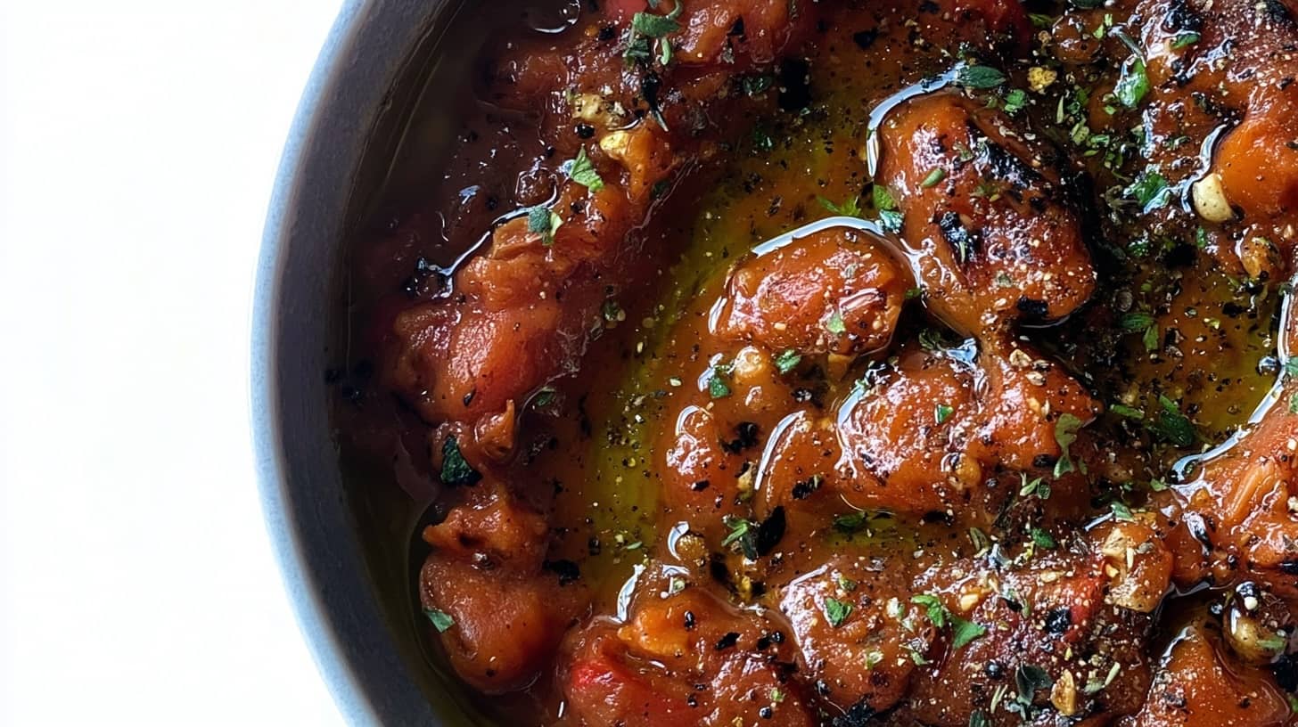 A bowl of burnt tomato dip with garlic and sherry vinegar, garnished with herbs and spices.