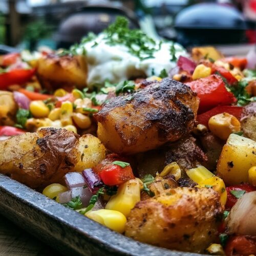 A close-up of Cajun potato hash with sweetcorn, peppers, and herbs on a serving tray.