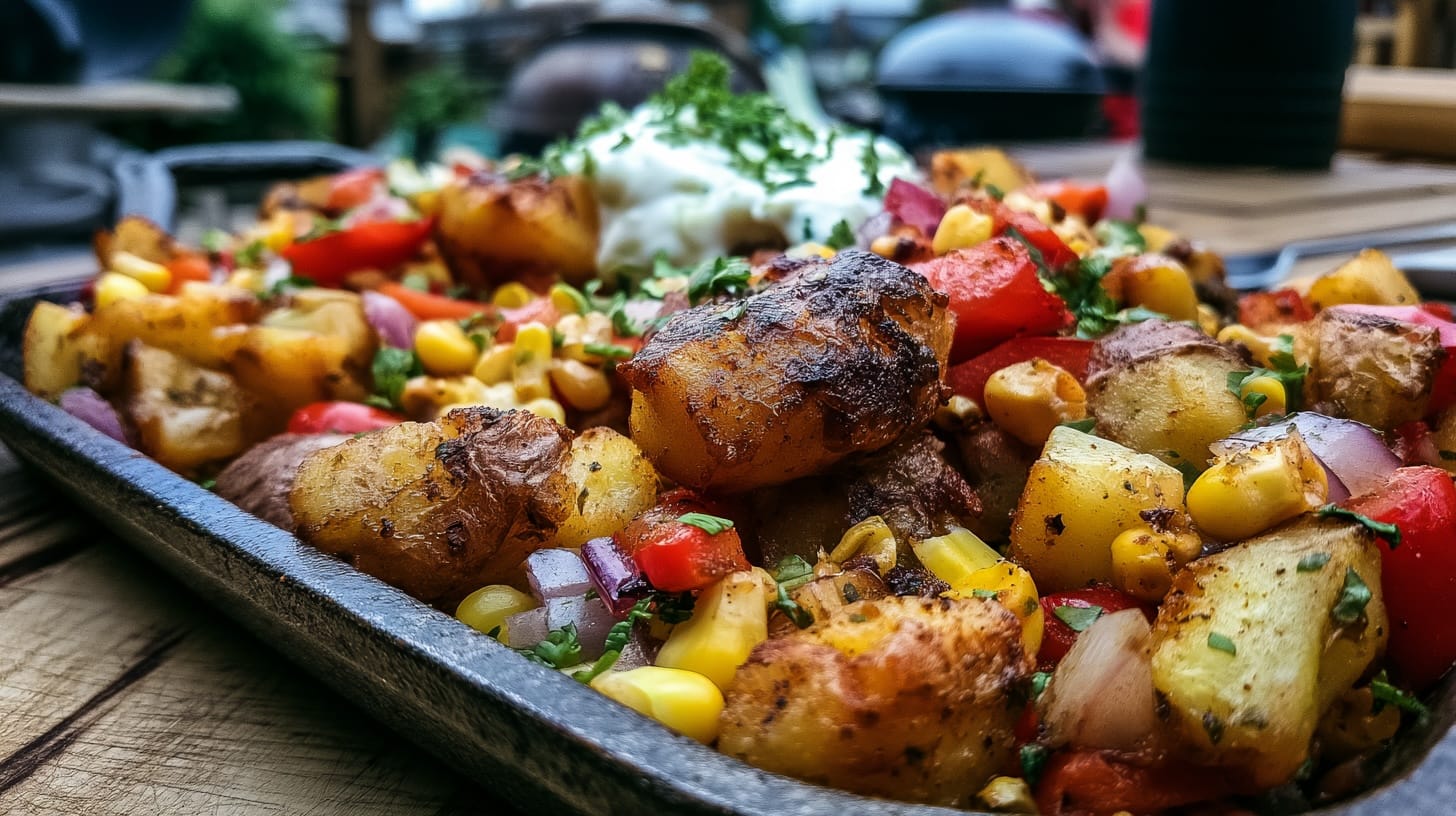 A close-up of Cajun potato hash with sweetcorn, peppers, and herbs on a serving tray.