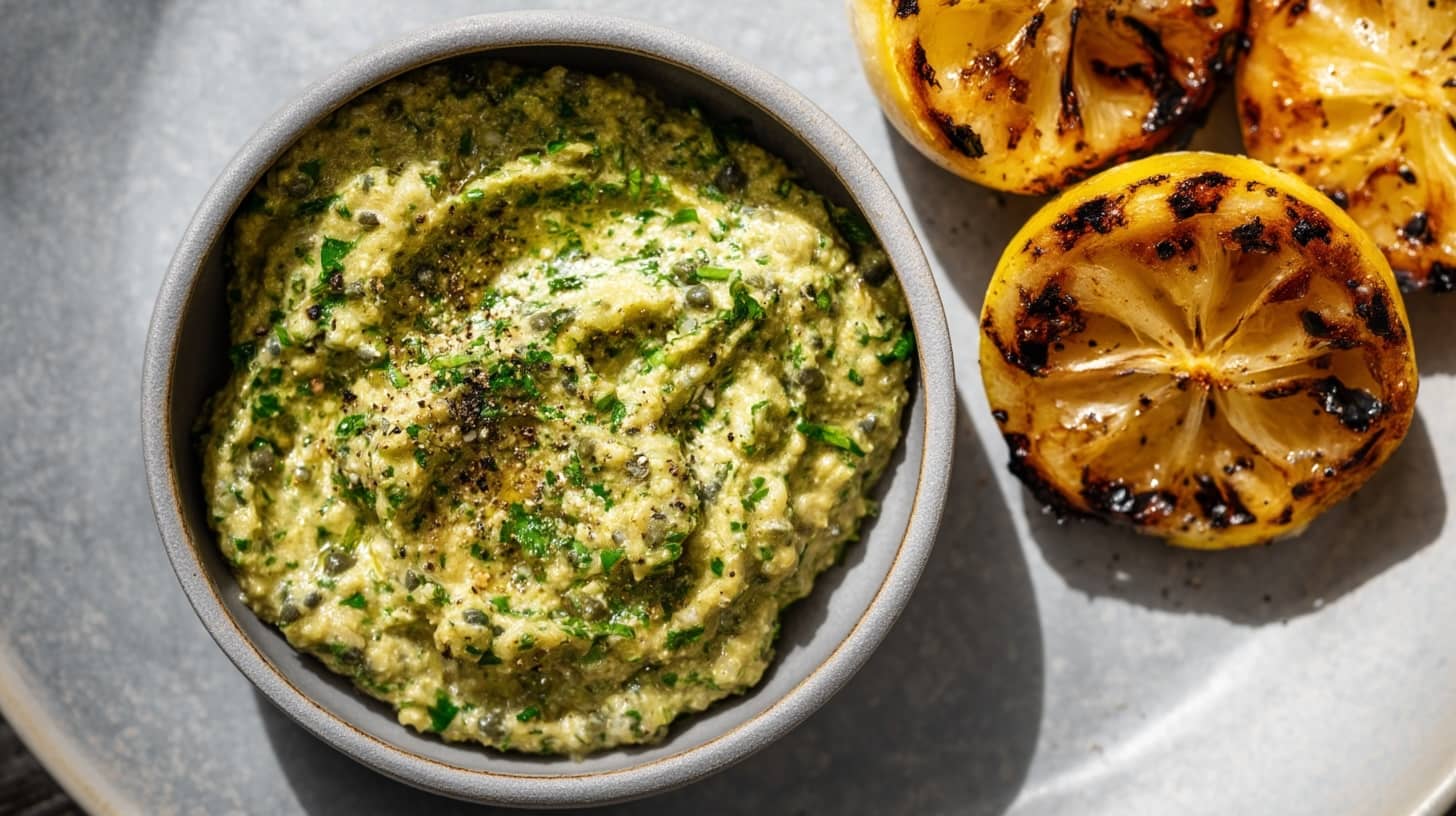 A grey bowl filled with a creamy dip alongside two charred lemon halves on a plate.