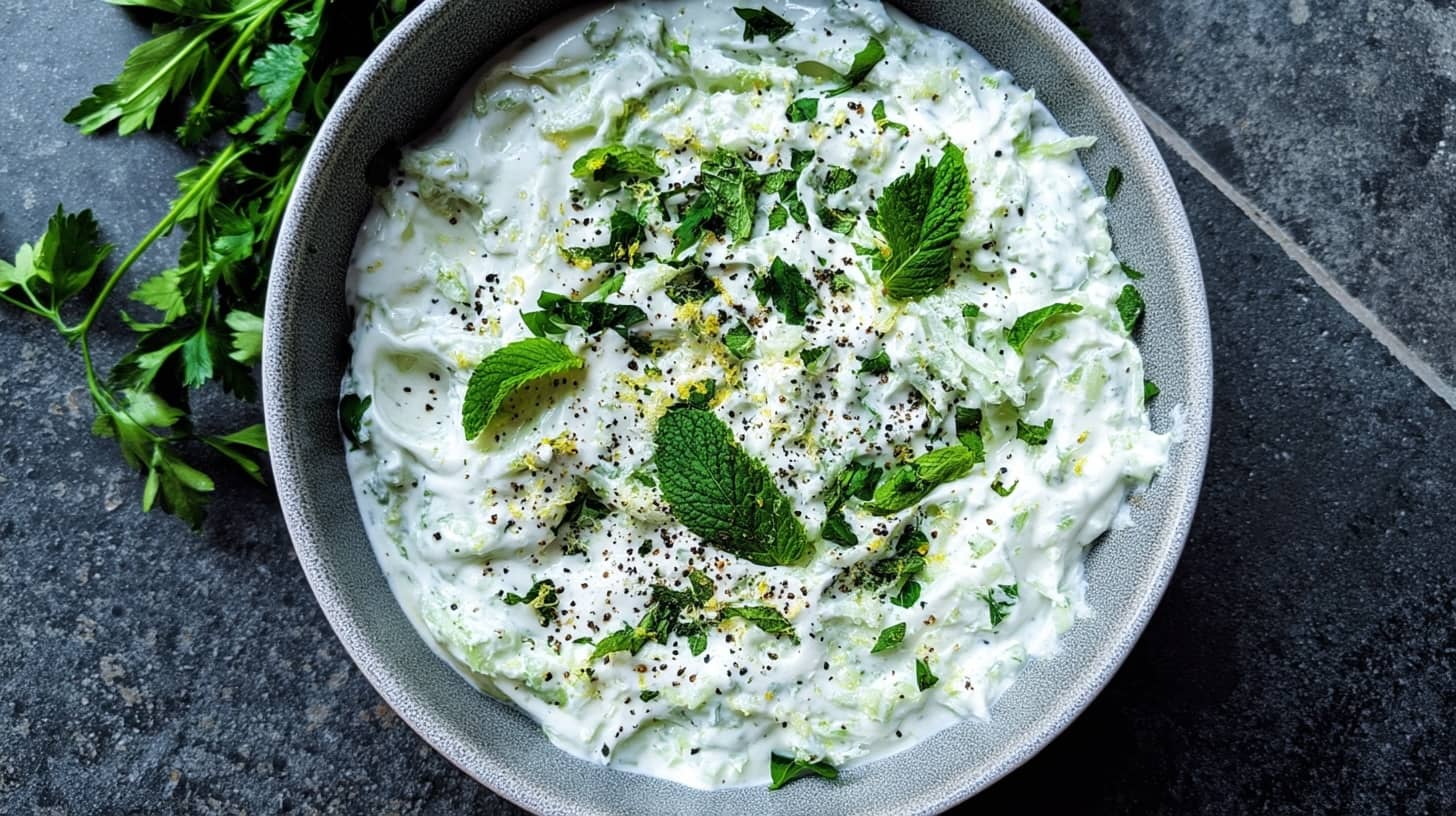 A bowl of cucumber, mint, and lemon yoghurt dip garnished with fresh mint leaves and black pepper