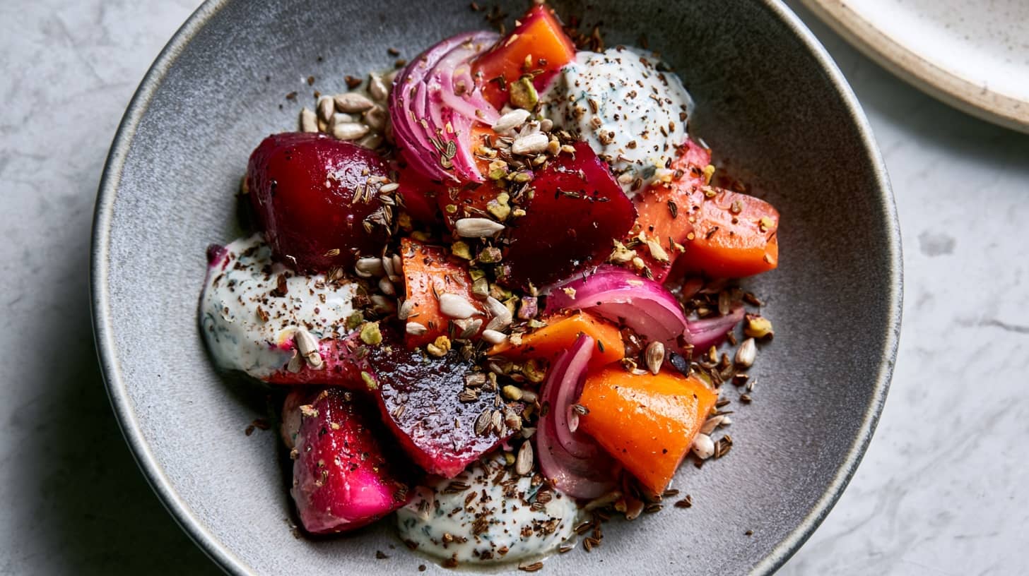 A bowl of cumin beetroot and carrot salad topped with mint yoghurt and seeds.