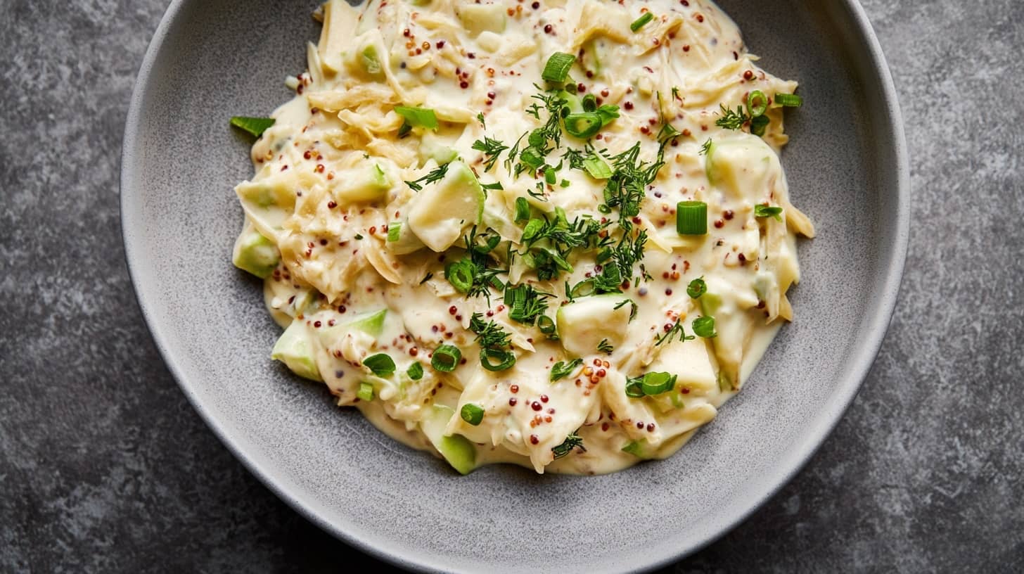 A creamy dip with green apple pieces, mustard seeds, and fresh herbs in a grey bowl.