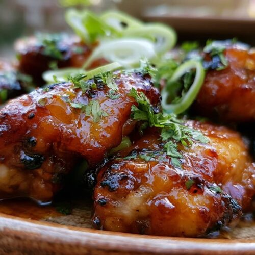 Golden-brown chicken wings coated in a sticky honey garlic glaze, garnished with green onions.