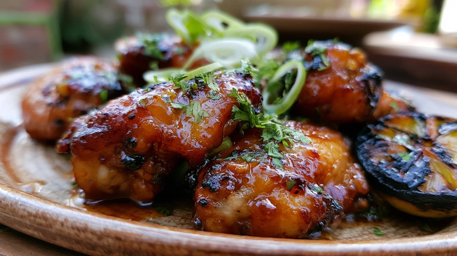 Golden-brown chicken wings coated in a sticky honey garlic glaze, garnished with green onions.