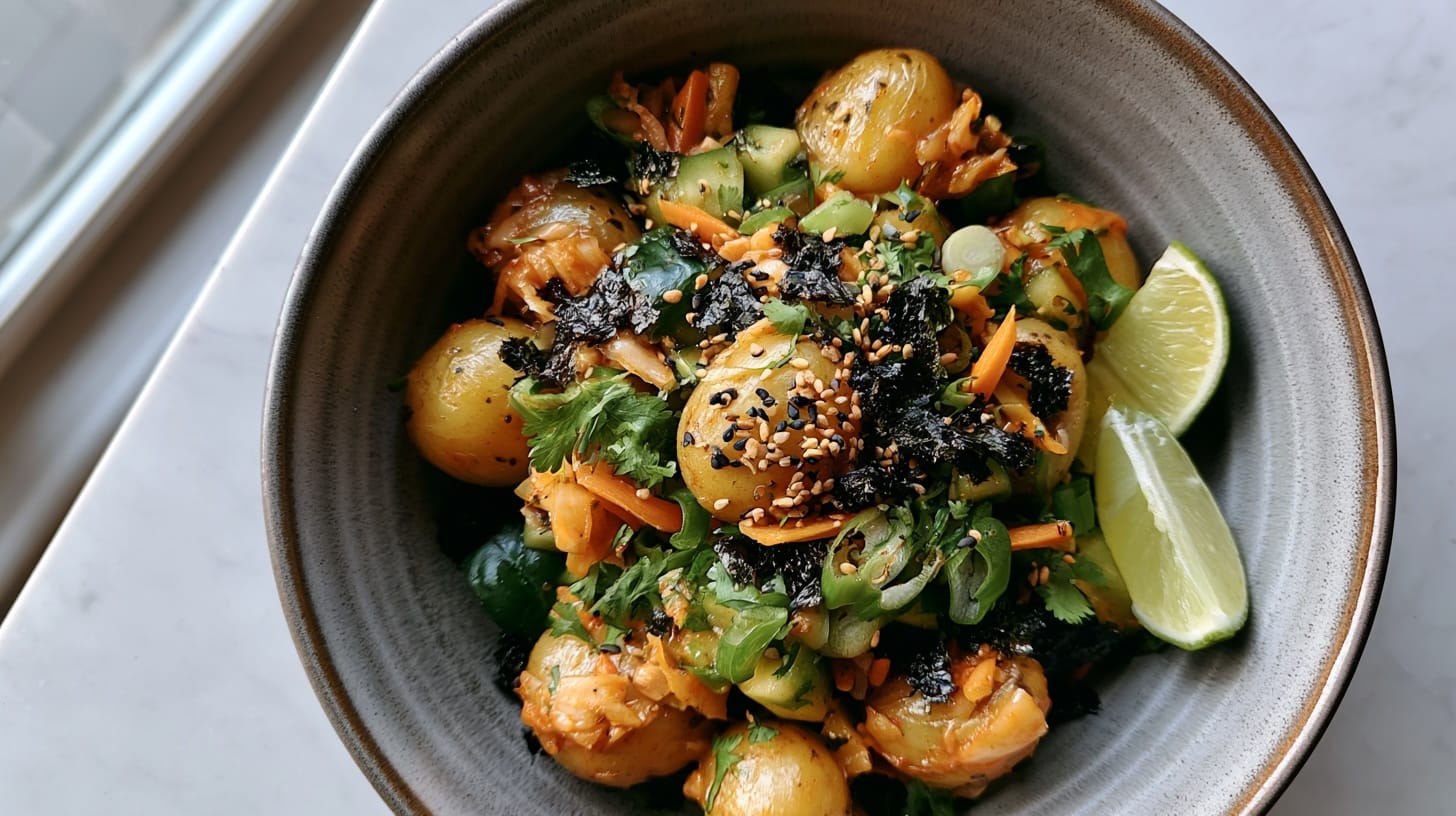 A bowl of kimchi sesame potato salad with cucumber, nori, and lime wedges on the side.