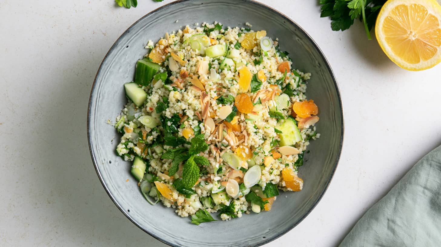 Bowl of lemon couscous salad with parsley, almonds, herbs, cucumber, and orange pieces