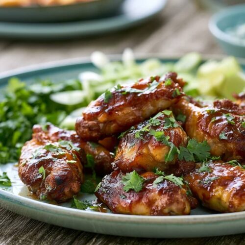 Plate of chicken wings garnished with fresh coriander, lime wedges, and salad greens.