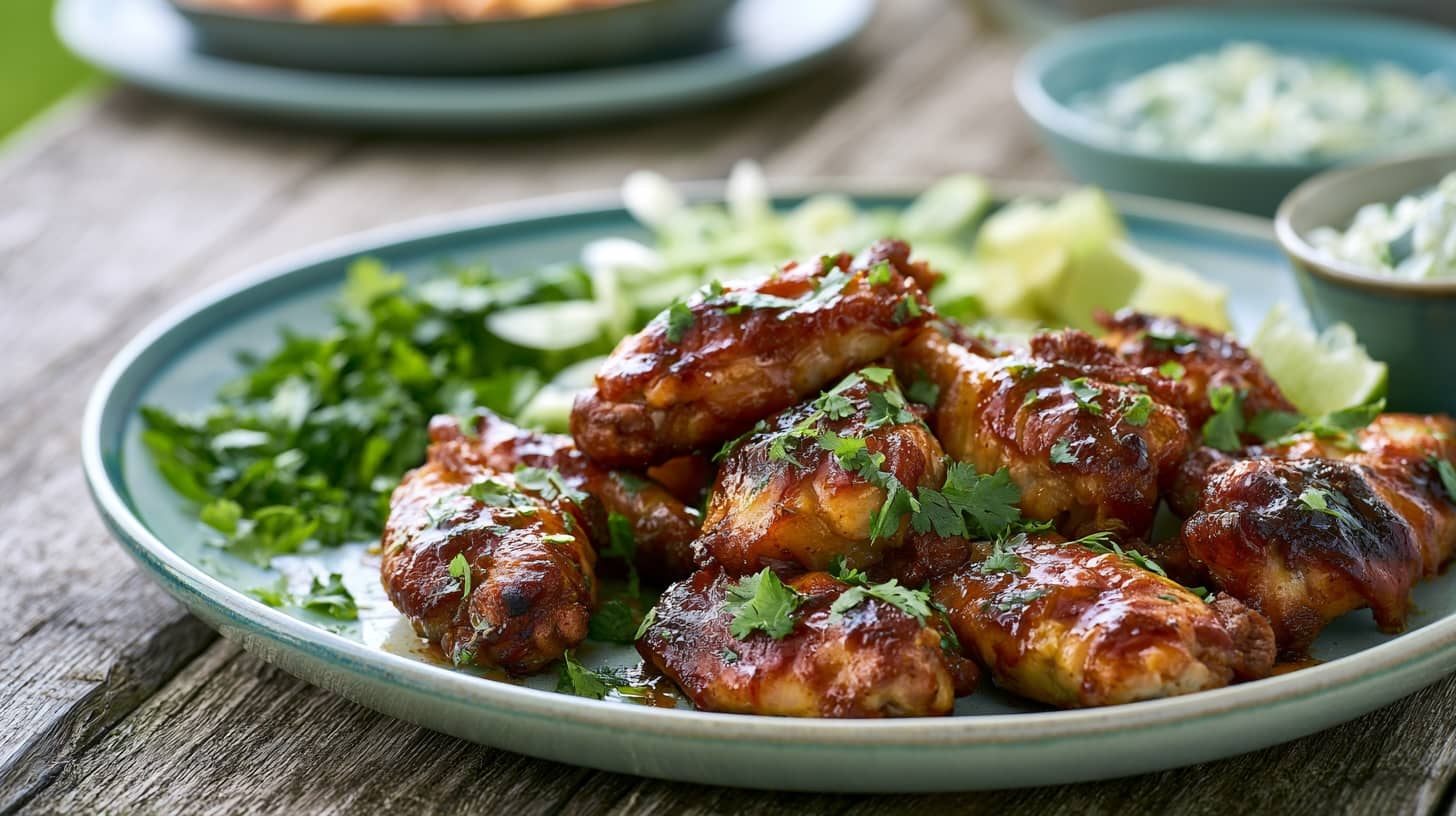 Plate of chicken wings garnished with fresh coriander, lime wedges, and salad greens.