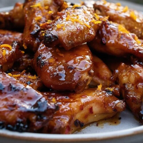A plate of chicken wings glazed with a shiny maple bourbon chipotle sauce and orange zest.