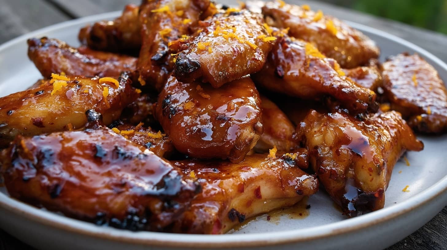 A plate of chicken wings glazed with a shiny maple bourbon chipotle sauce and orange zest.