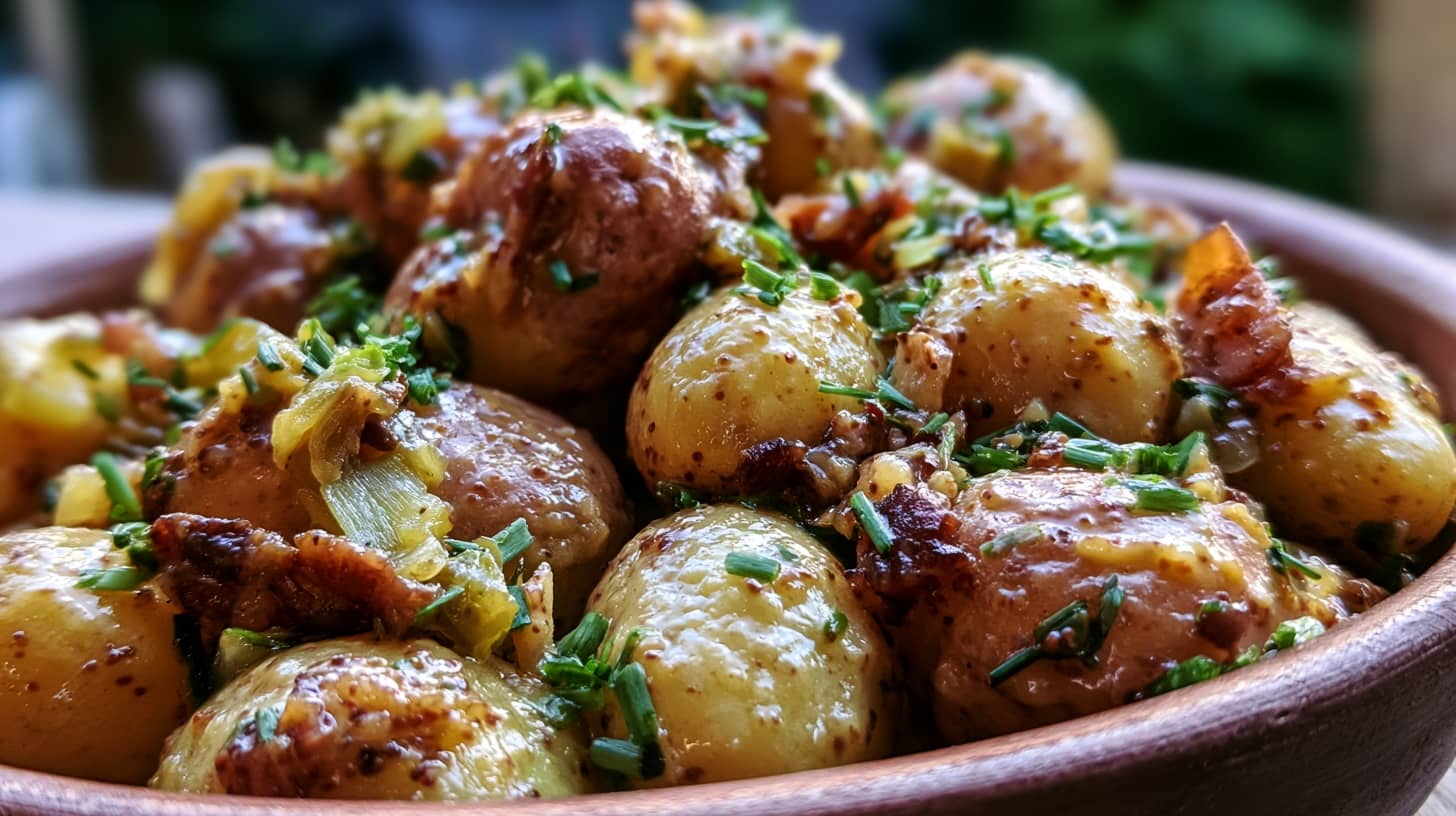 A bowl of mustard potato salad featuring small potatoes, bacon bits, chives, and pickles.