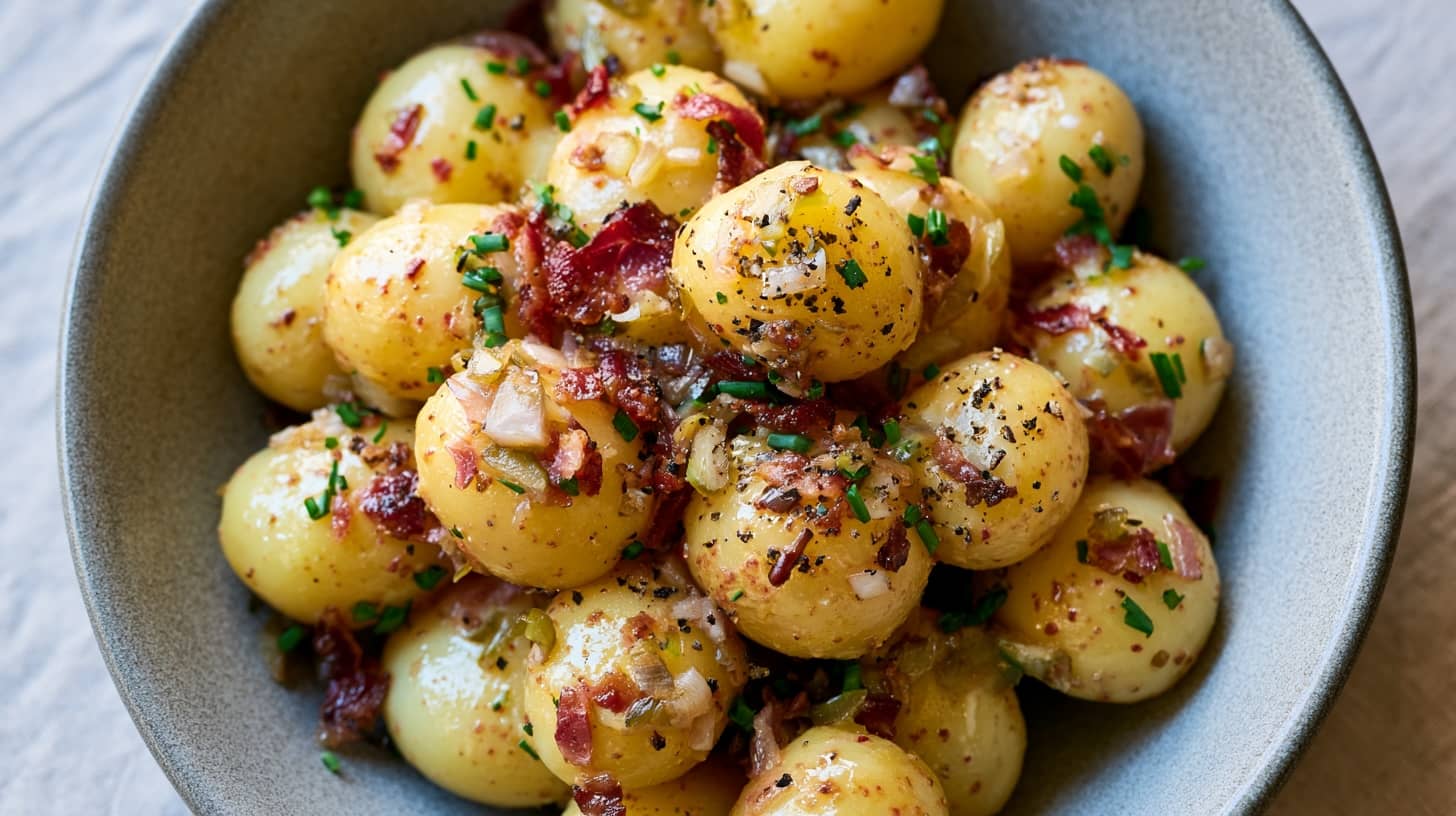 A bowl of mustard potato salad featuring small potatoes, bacon bits, chives, and pickles.