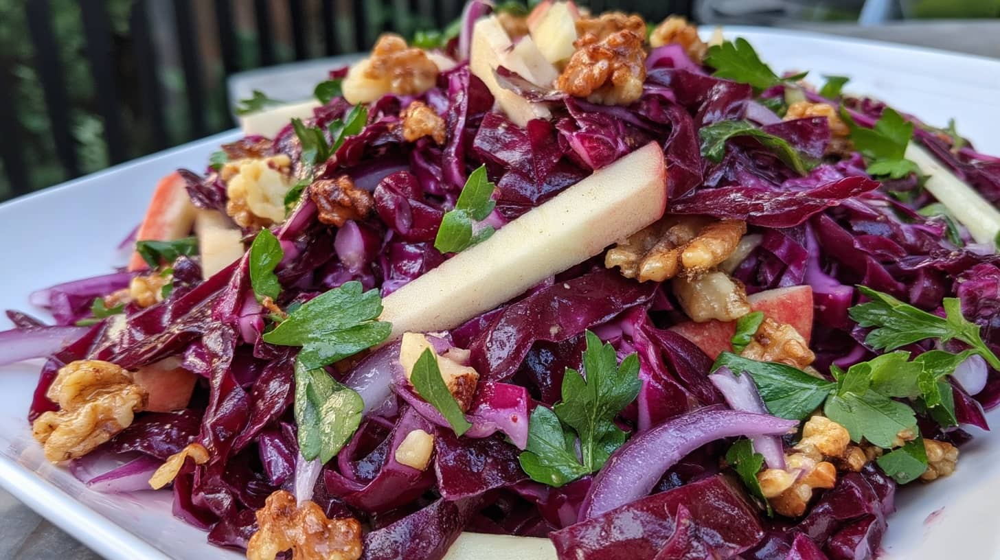 A vibrant salad featuring red cabbage, apple slices, walnuts, and fresh herbs on a white plate.