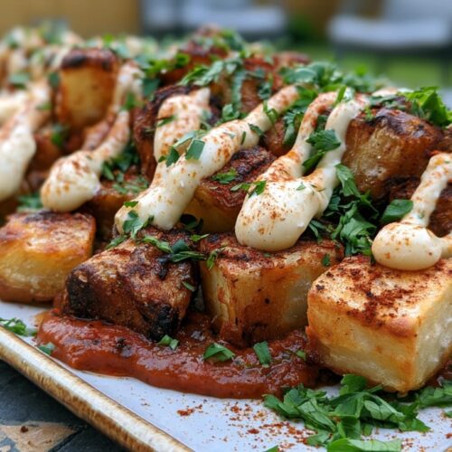 A platter of Patatas Bravas topped with aioli and garnished with fresh herbs and spices.