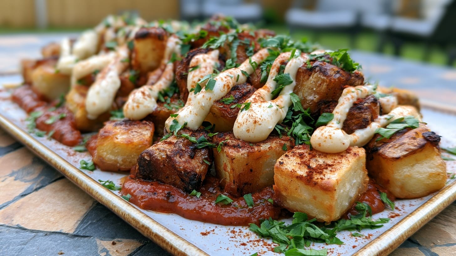 A platter of Patatas Bravas topped with aioli and garnished with fresh herbs and spices.