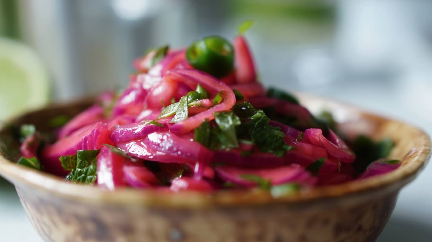 A bowl filled with pickled red onions, lime, and coriander, garnished with fresh herbs.
