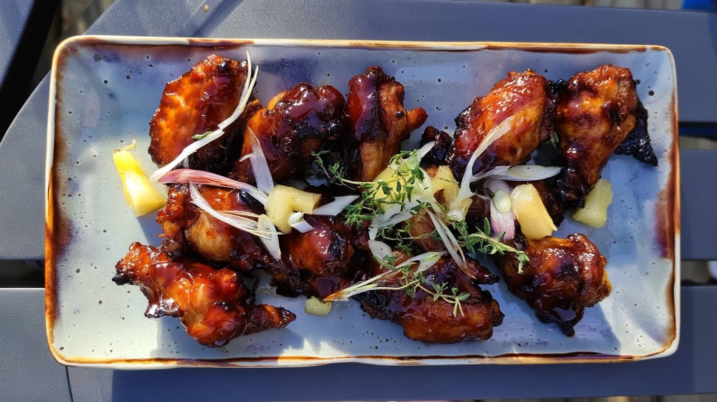 A plate of glazed chicken wings garnished with herbs and pineapple pieces on a blue dish.