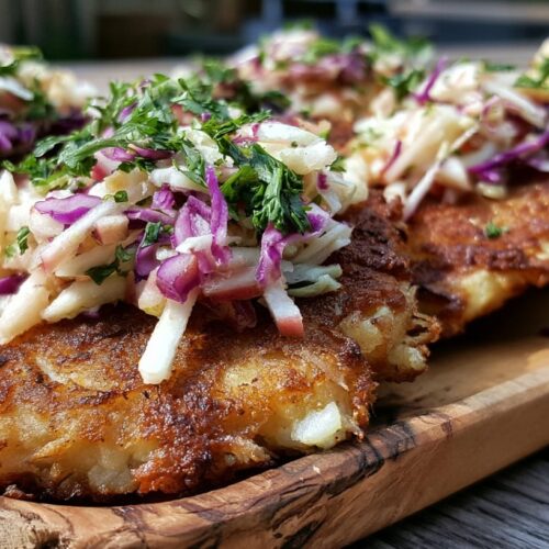 Four golden-brown potato rosti cakes topped with chipotle apple slaw and fresh herbs on a wooden board.