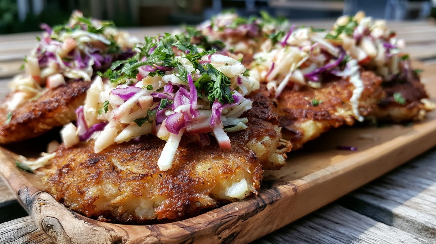 Four golden-brown potato rosti cakes topped with chipotle apple slaw and fresh herbs on a wooden board.